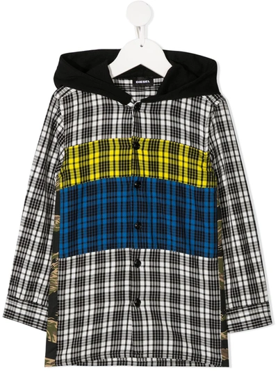 Diesel Teen Hooded Check-pattern Shirt In Black