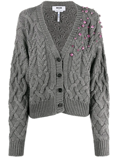 Msgm Jewel-embellished Cable Knit Cardigan In Grey,fuchsia
