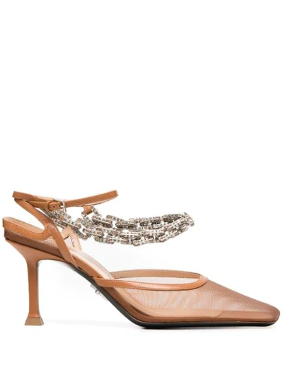 Cesare Paciotti Crystal-embellished Mesh Pumps In Brown