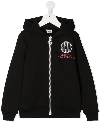 Gcds Kids' Zip-front Logo Hoodie In Black