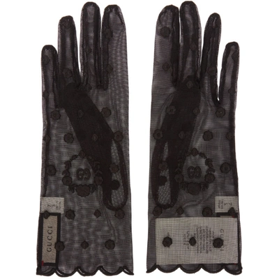 Gucci Black Embroidered Tulle Gg Gloves In 1060 Black/