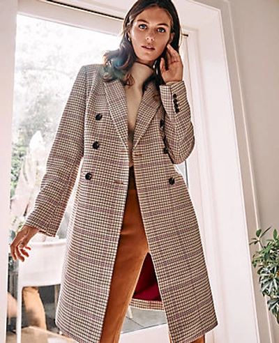 Ann Taylor Checked Double Breasted Chesterfield Coat In Ivory Multi