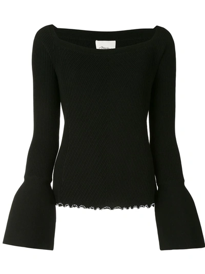 3.1 Phillip Lim Long-sleeve Wool Ribbed Open-neck Sweater In Black