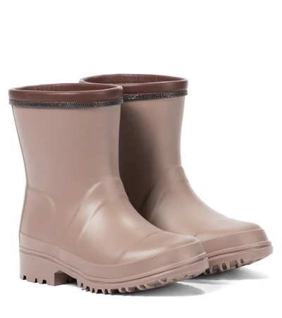 Brunello Cucinelli Kids' Contrast-trimmed Embellished Wellies In Brown