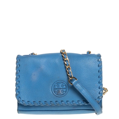 Pre-owned Tory Burch Blue Leather Mini Marion Shrunken Shoulder Bag