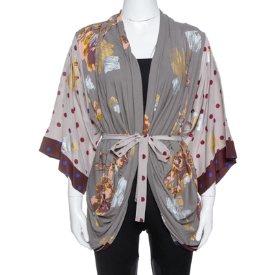 Pre-owned Kenzo Grey & Burgundy Silk Polka Dot & Floral Print Belted Kimono S