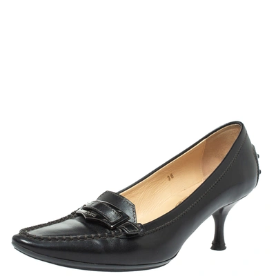 Pre-owned Tod's Black Leather Pointed Toe Penny Loafer Pumps Size 36