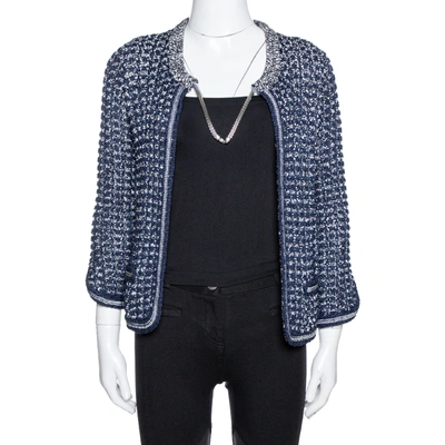 Pre-owned Chanel Navy Blue Crochet Knit Neck Chain Detail Jacket M