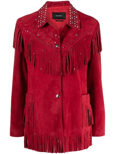 Isabel Marant Bel Embellished Fringed Suede Jacket In Red