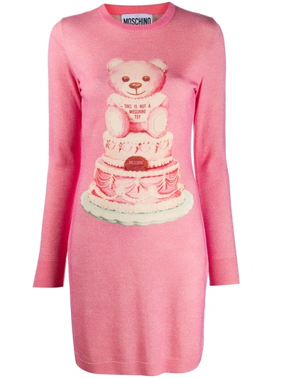 Moschino Intarsia Bear Lurex Knitted Dress In Pink