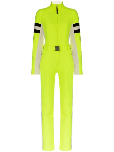 Bogner Cat Belted Striped Neon Stretch-ponte Ski Suit In Bright Green
