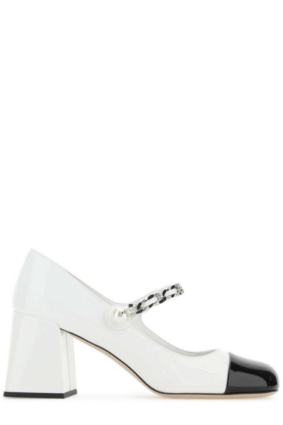 Miu Miu Embellished Two-tone Patent-leather Mary Jane Pumps In White