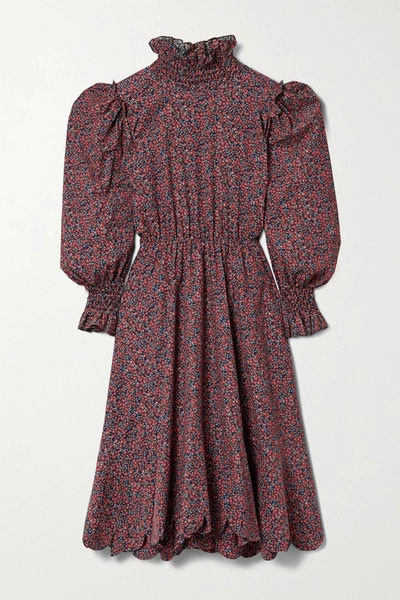 Horror Vacui Collia Scalloped Floral-print Cotton-corduroy Midi Dress In Burgundy