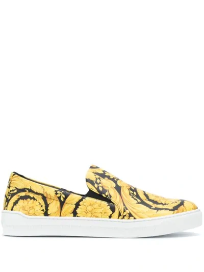 Versace Greca-print Slip-on Leather Trainers In Black