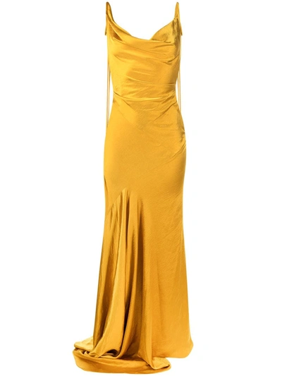 Solace London Aletta Asymmetric Draped Hammered-satin Gown In Gold