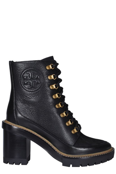 Tory Burch Miller Mixed Leather Lug-sole Combat Booties In Perfect Black