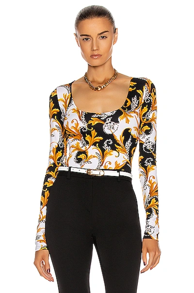 Versace Long Sleeve Bodysuit In White  Black & Gold