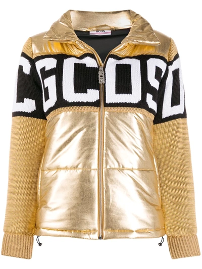 Gcds Metallic Logo Print Padded Jacket In Gold