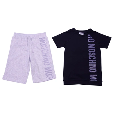 Moschino Kids'  Set T-shirt Nera In Jersey Di Cotone Con Shorts Grigi In Cotone In Nero/grigio