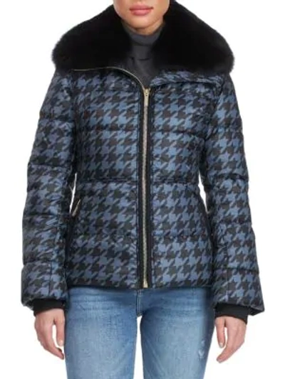 Gorski Apres-ski Detchable Fox Fur Collar Houndstooth-print Puffer Jacket In Slate Black
