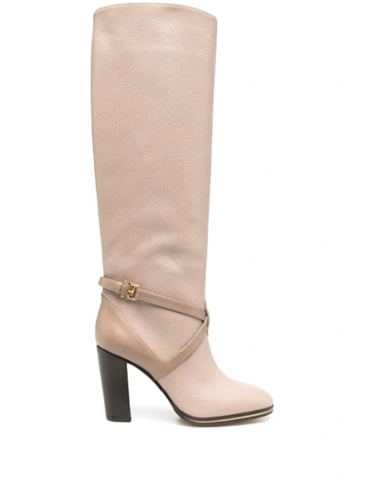 Pollini High Leather Boots With Crossed Strap In Neutrals