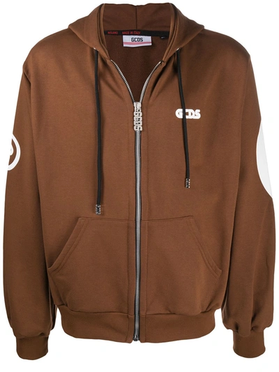 Gcds Logo Print Zip Hoodie In Brown