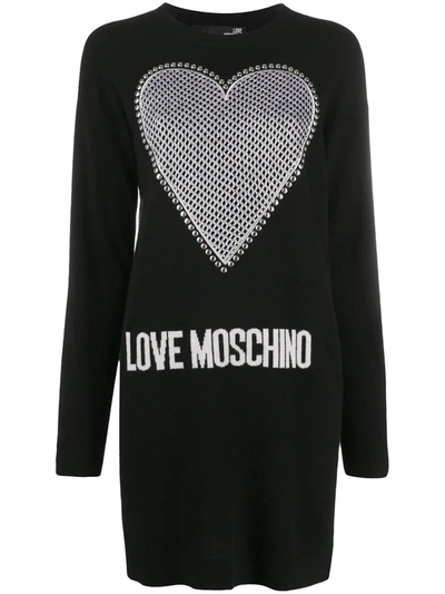 Love Moschino Heart-embellshed Intarsia-knit Dress In Black