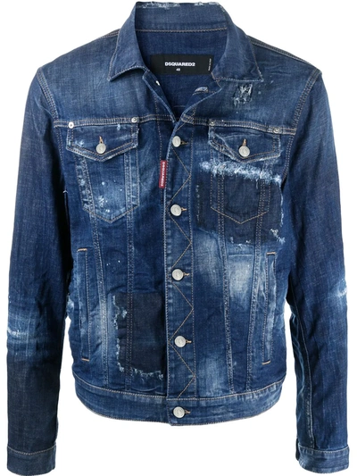 Dsquared2 Rhinestone Slogan Distressed Denim Jacket In Blue