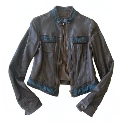 Pre-owned Armani Jeans Leather Biker Jacket In Brown