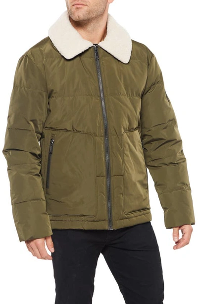 Vince Camuto Quilted Coat With Fleece Collar In Olive