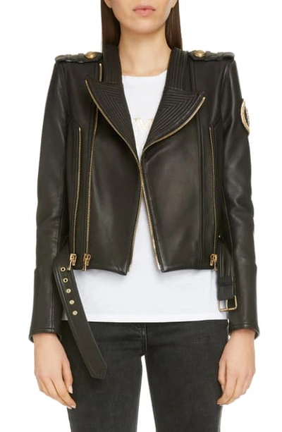 Balmain Epaulet Crop Leather Jacket In Noir