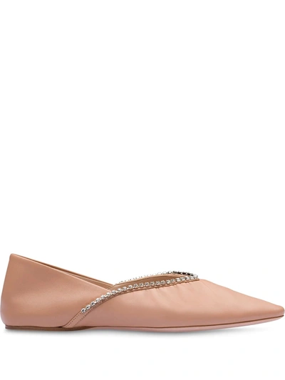 Miu Miu Crystal Embellished Pointed Toe Ballet Flat In Beige