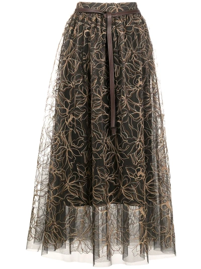 Brunello Cucinelli Women's Embroidered Floral Tulle Belted Midi Skirt In Brown/beige