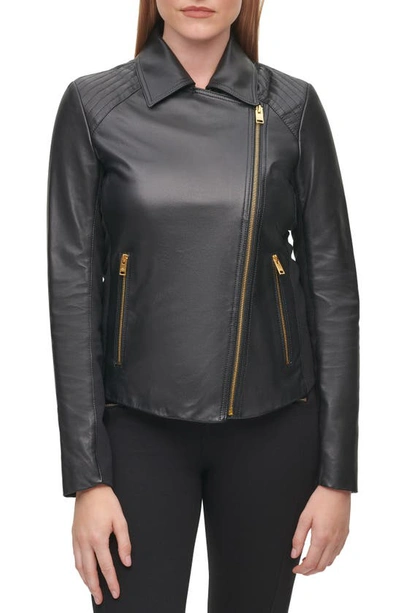 Karl Lagerfeld Knit Panel Leather Moto Jacket In Black