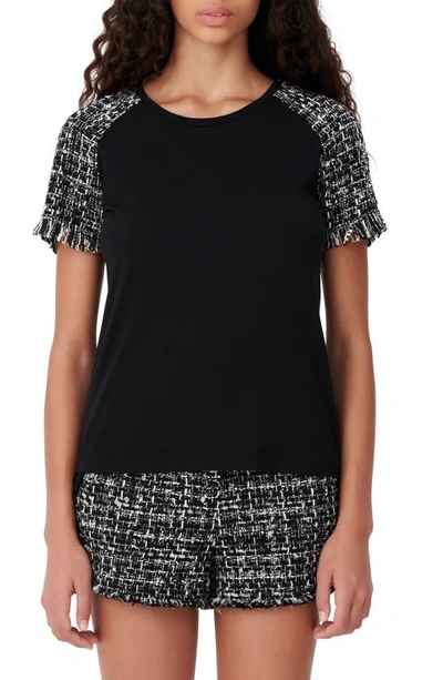 Maje Tweed Accent Short Sleeve Top In Black/ White
