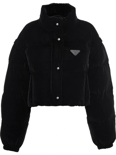 Prada Velvet Cropped Puffer Jacket W/ Detachable Sleeves In Black