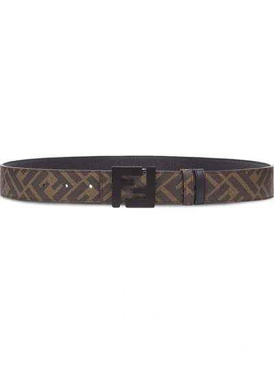 Fendi Ff Logo Reversible Leather Belt In Black Dark Brown