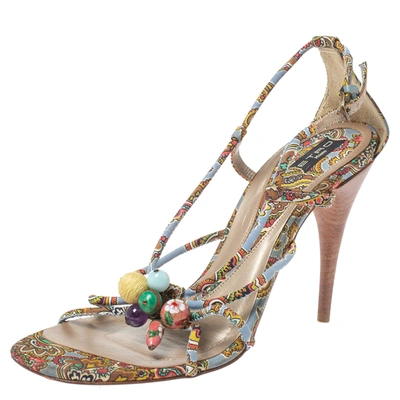 Pre-owned Etro Multicolor Fabric Paisley Print Strappy Embellished Open Toe Ankle Strap Sandals Size 40