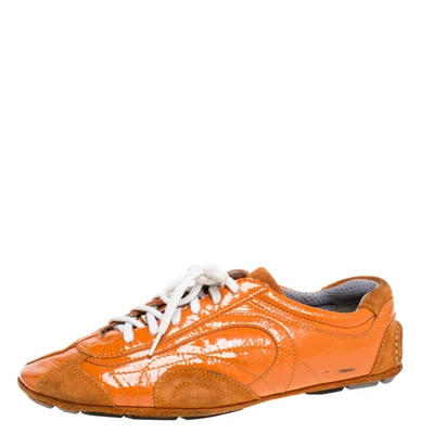 Pre-owned Prada Orange Suede And Patent Leather Vintage Low Top Sneakers Size 38.5