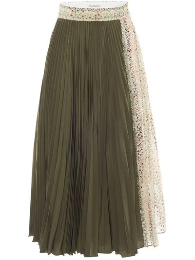 Jw Anderson Pleated Contrasting Panel Midi Skirt In Green
