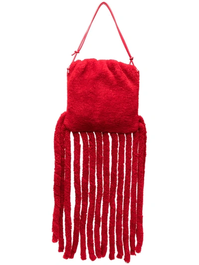 Bottega Veneta The Shearling Fringe Pouch Bag In Red