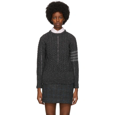 Thom Browne Grey Wool Aran Cable 4-bar Sweater In 025 Drkgry