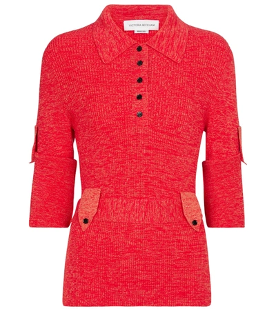 Victoria Beckham Belted Cotton Rib Knit Polo Shirt In Red