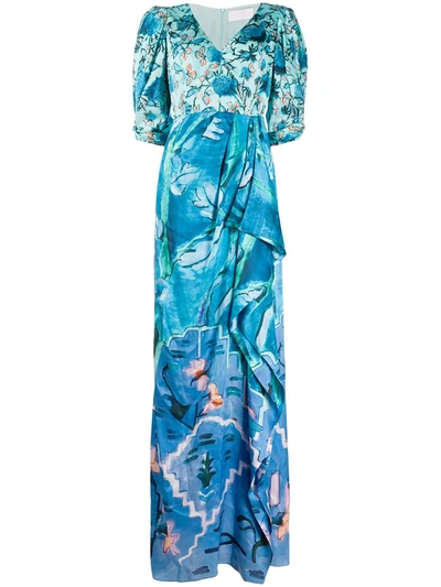 Peter Pilotto Printed Satin V-neck Gown In Blue
