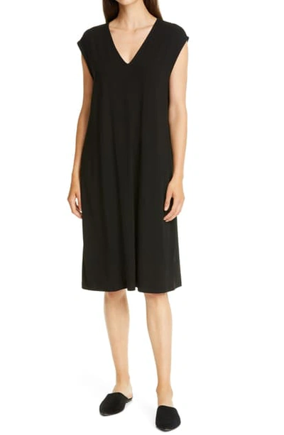 Eileen Fisher V-neck Sleeveless Knit Dress In Black
