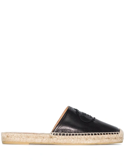 Prada Black Embroidered Logo Leather Espadrille Slides In Schwarz