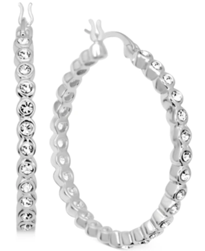 Essentials Crystal Bezel Medium Hoop Earrings In Silver-plate, 1.37"