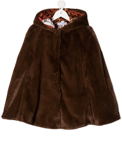 Dolce & Gabbana Kids' Faux-fur Hooded Cape Coat In Brown