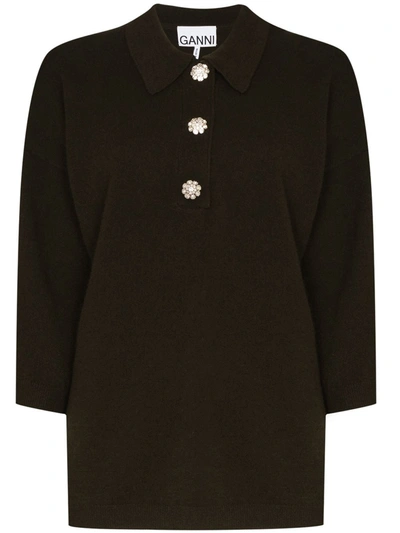 Ganni Embellished Button Cashmere Polo Sweater In Green