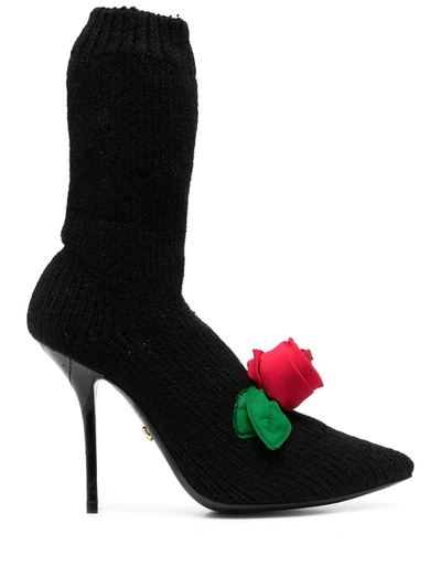 Dolce & Gabbana Knitted Style Rose Calf Boots In Black